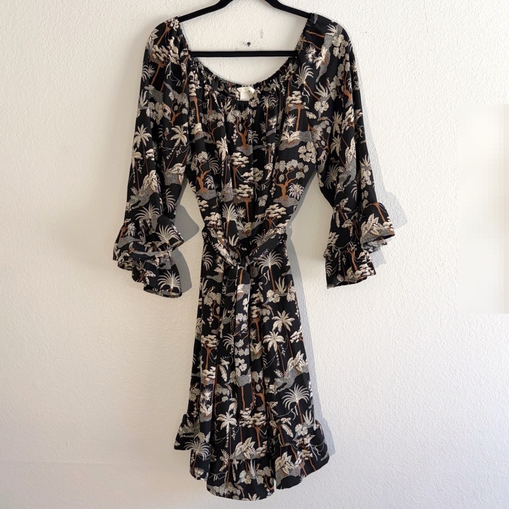 H&M Tropical Safari Leopard Print Off Shoulder Mini Dress Black NWT Size 10